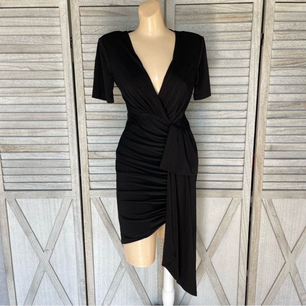 INA BLACK DRESS WITH SIDE RUCHING AND TIE DETAIL - Picture 2 of 14